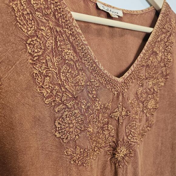 Solitaire By Ravi Khosla Burt Orange V-Neck Embroidered Boho Top Size Small - Picture 4 of 9